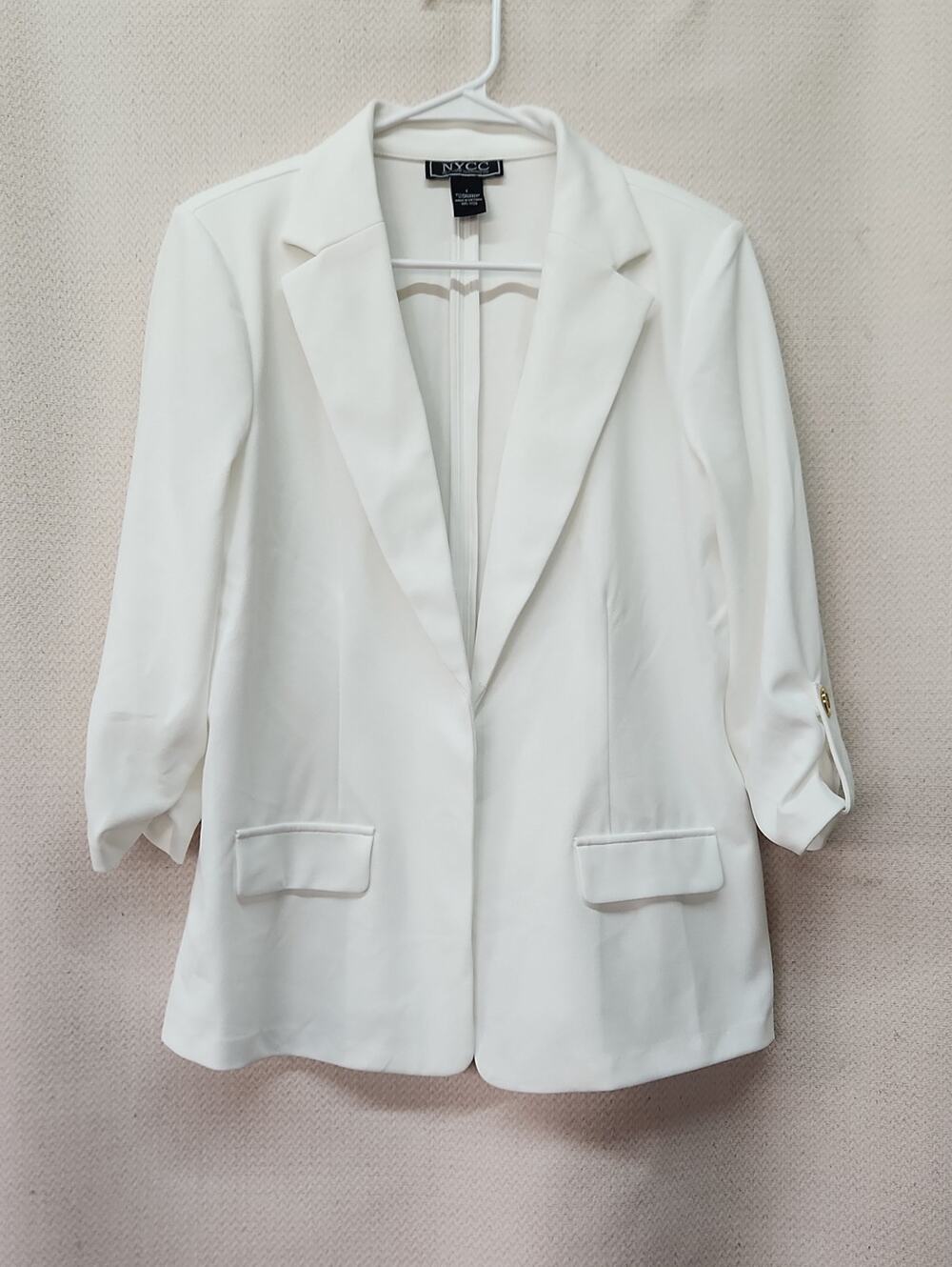 New York & Company Cream Open-Front Blazer with Roll-Tab Sleeves